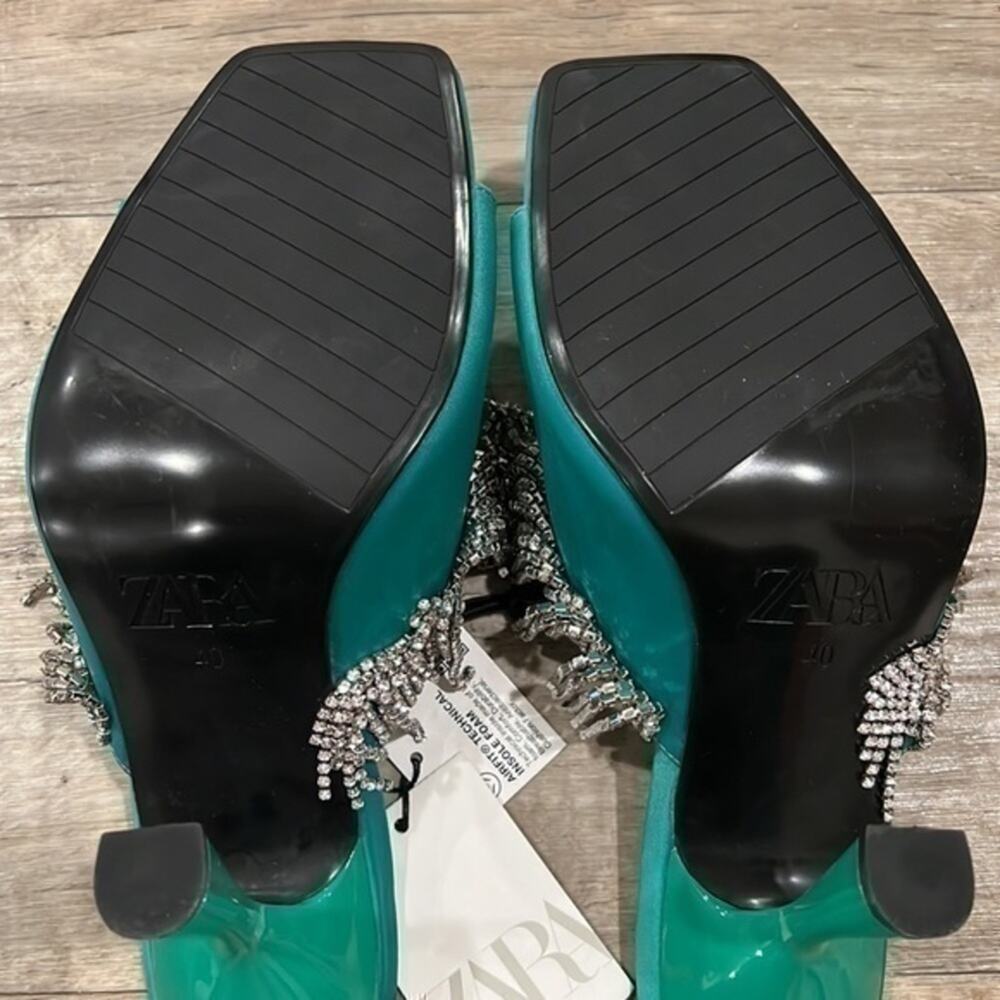 Zara Rhinestone Fringe Mule Heels Green Statement Sandals NWT - Picture 15 of 16